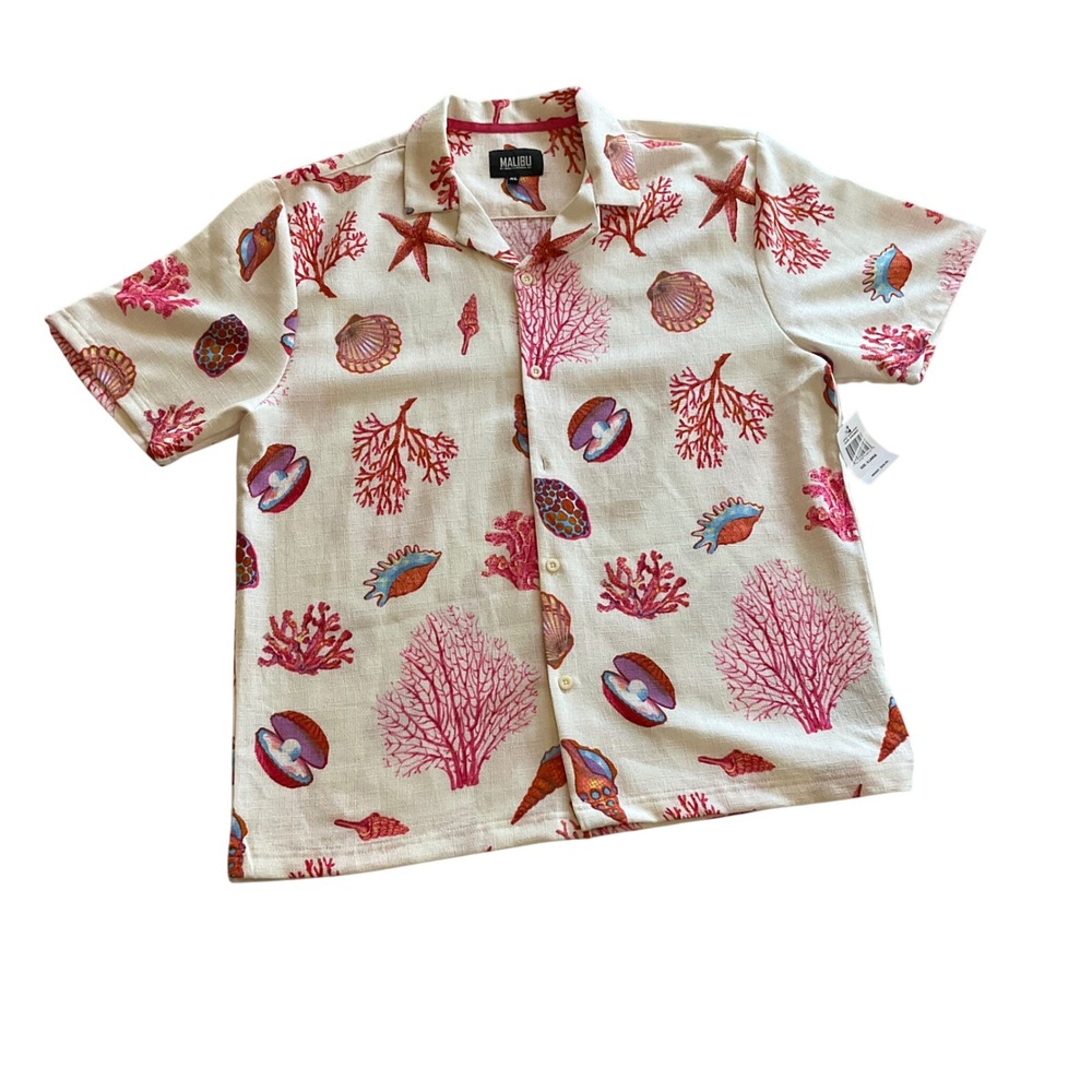Malibu Beige & Pink Coral Print Short-Sleeve Button-Down Shirt
